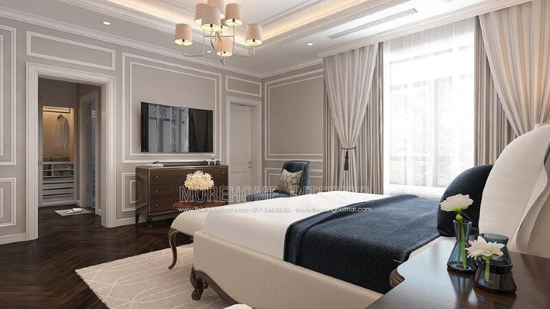 Lựa chọn tone trắng chủ đạo để trang trí nội thất phòng ngủ master tân cổ điển sẽ làm cho chủ nhà mệnh Kim có một cảm giác ấn tượng.