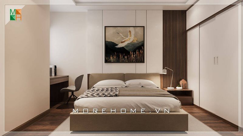 .
Để tận dụng diện tích sử dụng tối đa trong phòng ngủ nhỏ, nên lược bớt những vật dụng không cần thiết để giúp căn phòng trở nên thông thoáng hơn. Sử dụng tủ cách lùa kịch trần và đặt bàn làm việc ở góc khuất sẽ giúp căn phòng đầy đủ tiện nghi mà không làm rối mắt.